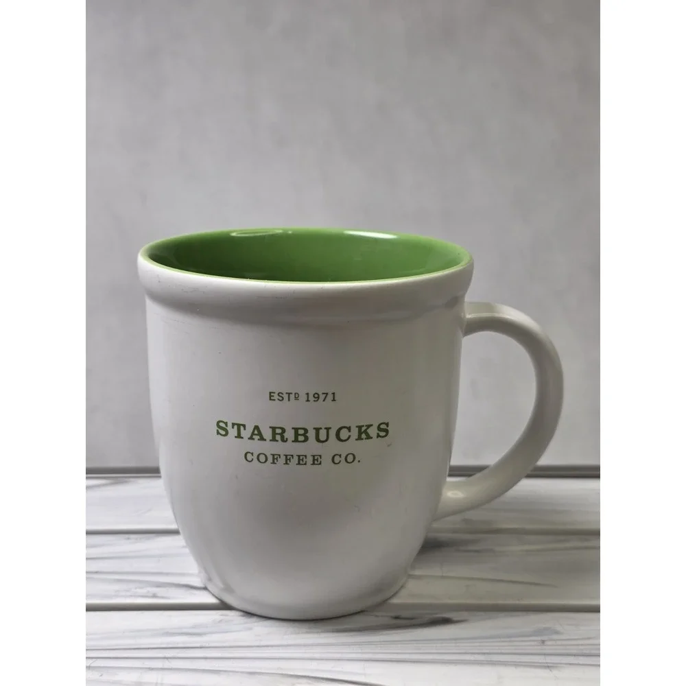 Starbucks Abbey Coffee Mug White Green Interior ESTD 1971 18oz 2007